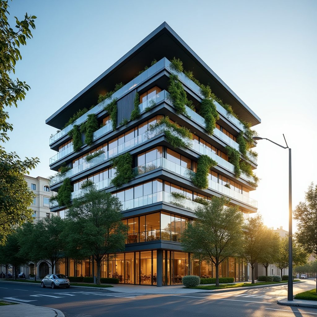 Edificio commerciale moderno con facciata in vetro e struttura sostenibile