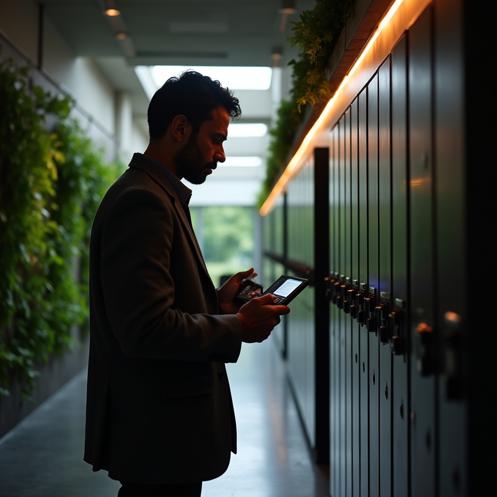 Tecnico che esegue audit energetico in edificio commerciale con strumentazione professionale