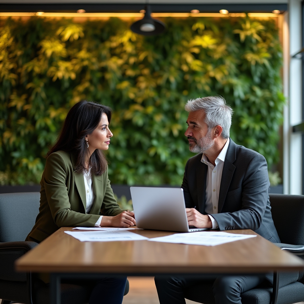 Consulente energetico in riunione con responsabile edificio commerciale